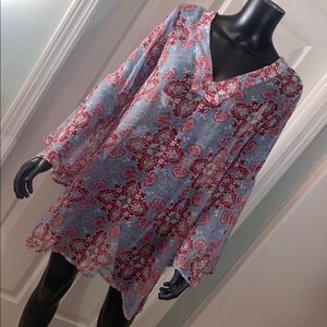 Antica Sartoria Blue and Red Floral Tunic Cover up Sheer Dress